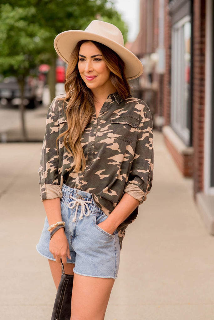 Tab Sleeve Camo Button Up - Betsey's Boutique Shop