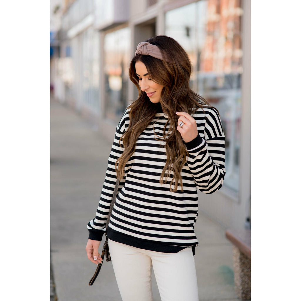 Stripe Solid Trimmed Sweatshirt - Betsey's Boutique Shop - Shirts & Tops