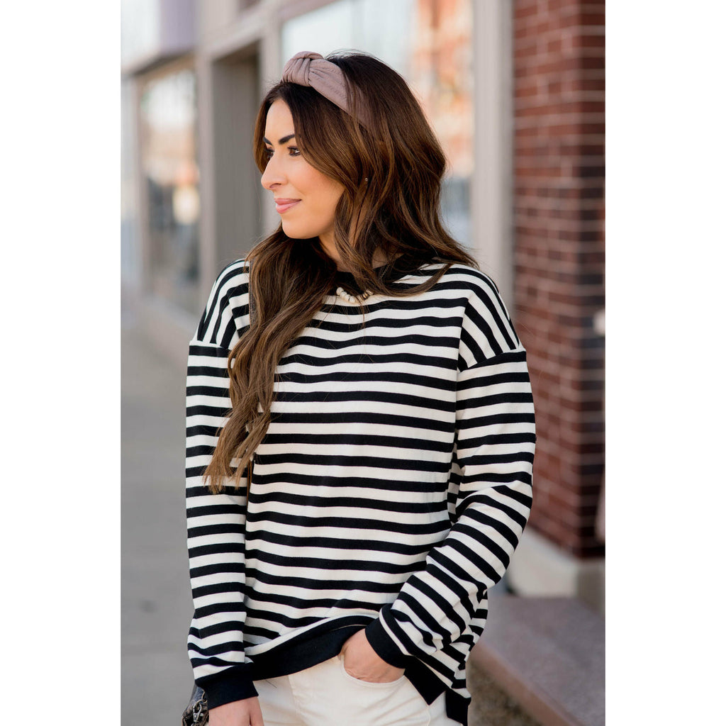 Stripe Solid Trimmed Sweatshirt - Betsey's Boutique Shop - Shirts & Tops