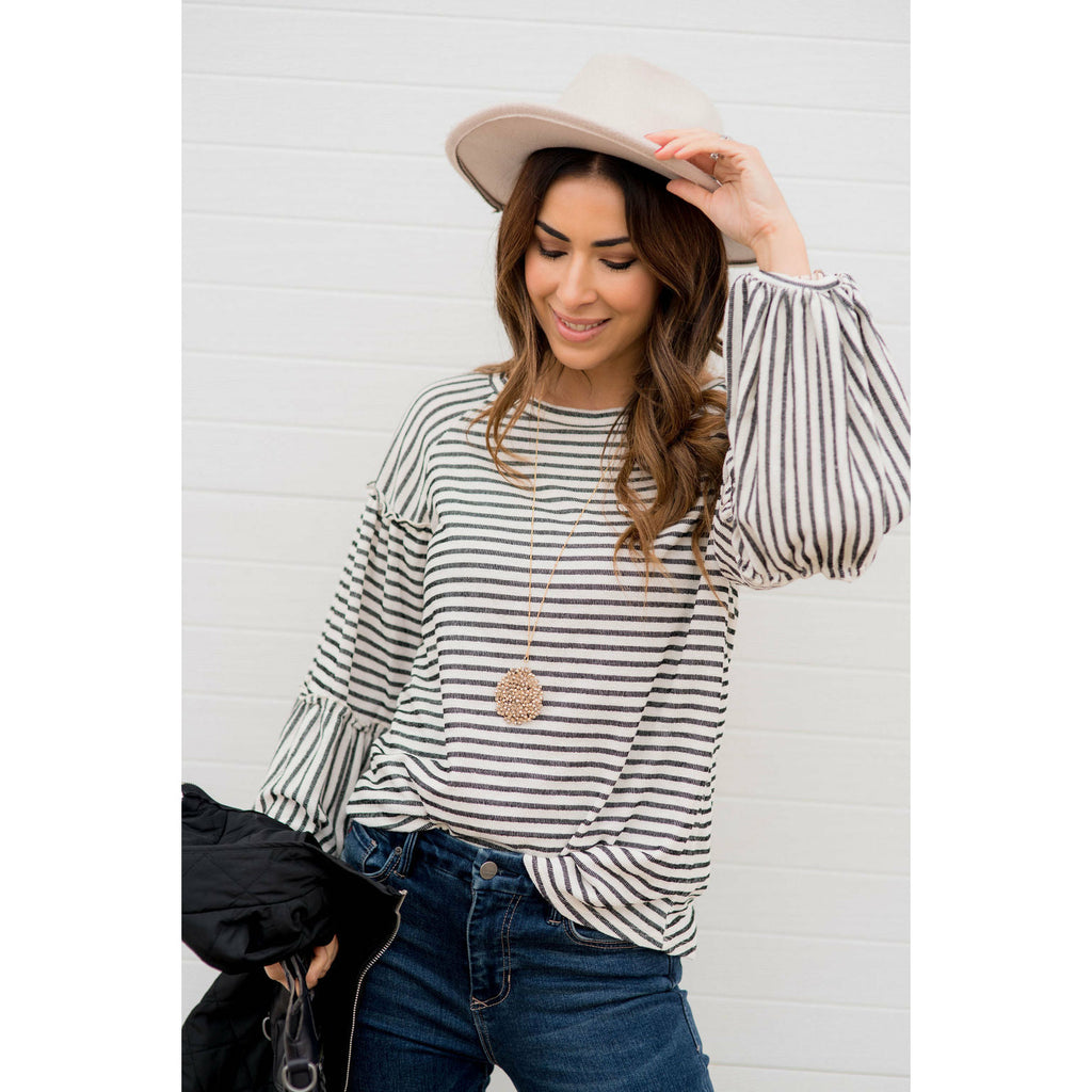 Multi Stripe Puff Sleeve Blouse - Betsey's Boutique Shop - Shirts & Tops