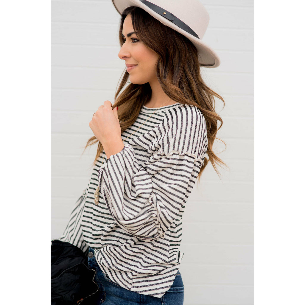 Multi Stripe Puff Sleeve Blouse - Betsey's Boutique Shop - Shirts & Tops