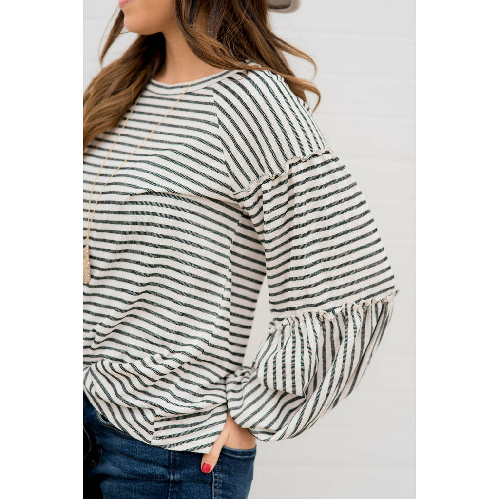 Multi Stripe Puff Sleeve Blouse - Betsey's Boutique Shop - Shirts & Tops