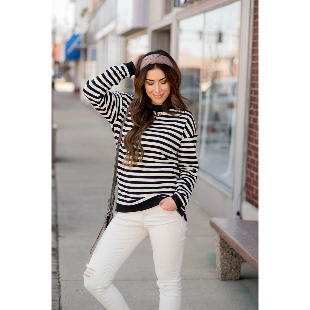 Stripe Solid Trimmed Sweatshirt - Betsey's Boutique Shop - Shirts & Tops