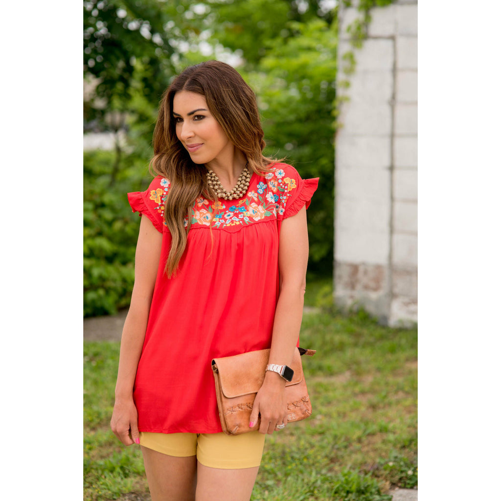 Embroidered Floral Bib Tee - Betsey's Boutique Shop