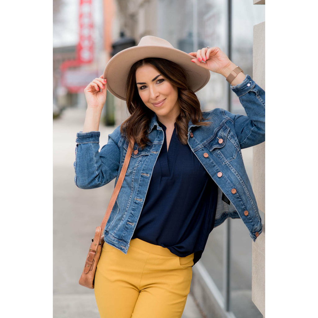 Navy V Neck Linen Blouse - Betsey's Boutique Shop