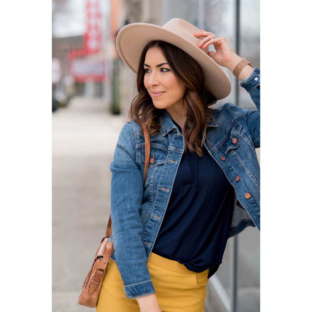 Navy V Neck Linen Blouse - Betsey's Boutique Shop