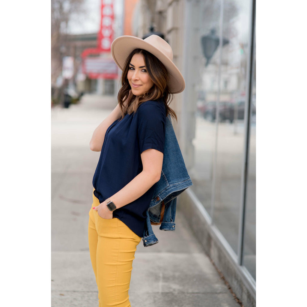 Navy V Neck Linen Blouse - Betsey's Boutique Shop