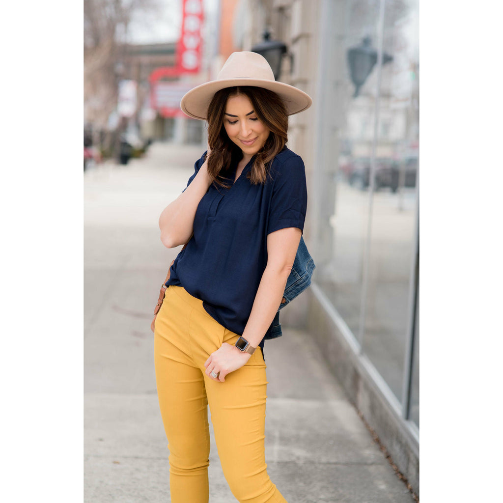 Navy V Neck Linen Blouse - Betsey's Boutique Shop