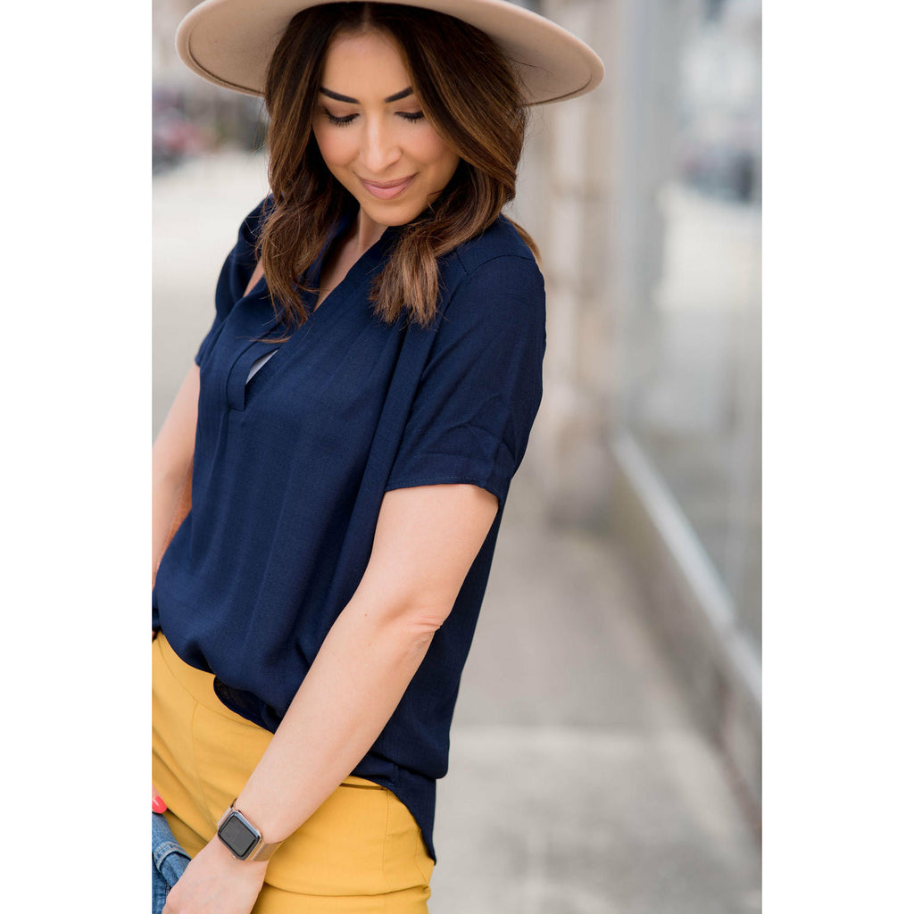 Navy V Neck Linen Blouse - Betsey's Boutique Shop