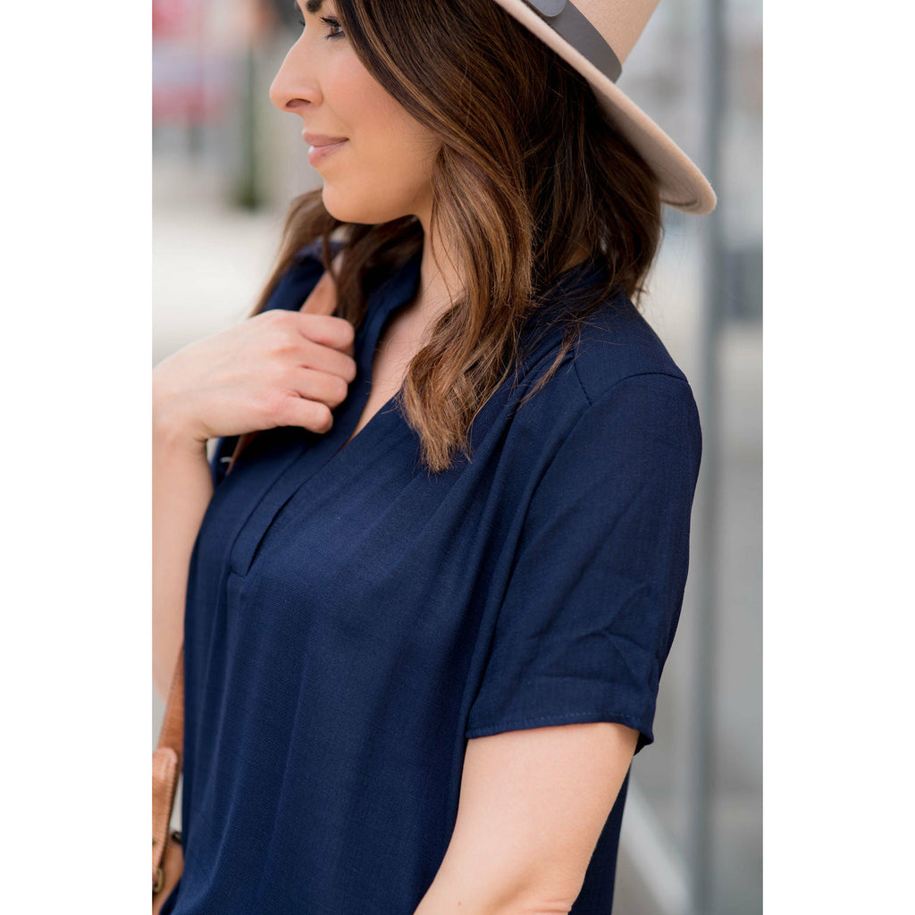 Navy V Neck Linen Blouse - Betsey's Boutique Shop