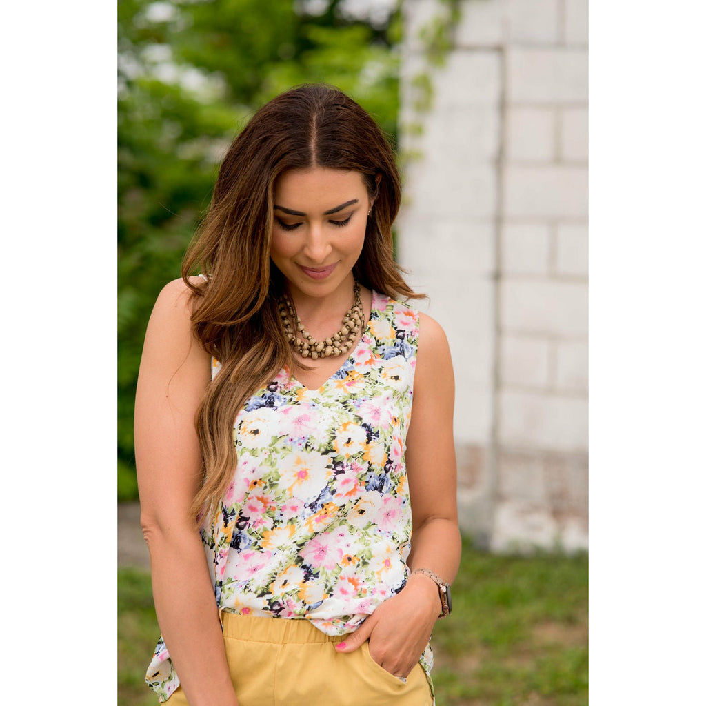 V-Neck Multi Floral Patterned Tank - Betsey's Boutique Shop