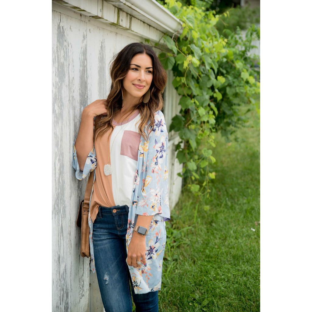 Light Blue Floral Kimono - Betsey's Boutique Shop