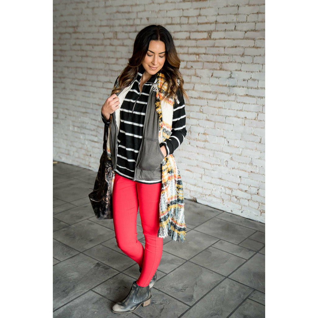 Black Striped Quarter Zip Sweatshirt - Betsey's Boutique Shop - Shirts & Tops