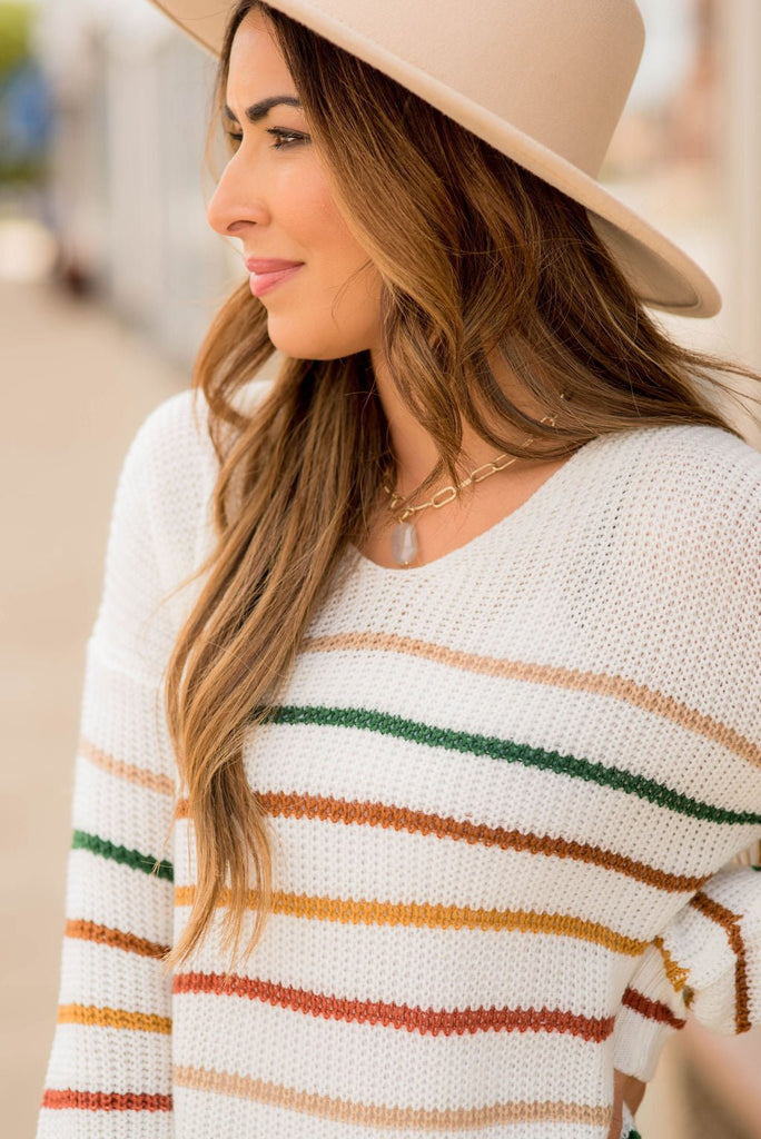 Striped V Neck Sweater - Betsey's Boutique Shop - Outerwear