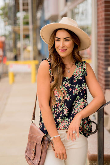 Watercolor Blooms Ruffle Accent Tank - Betsey's Boutique Shop