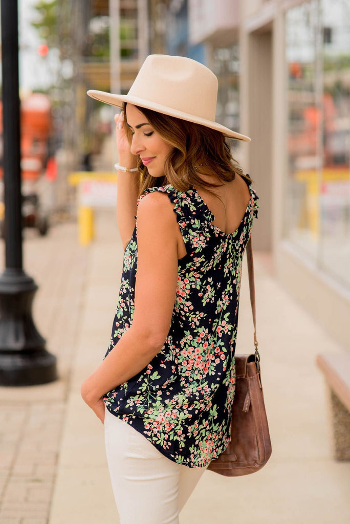 Watercolor Blooms Ruffle Accent Tank - Betsey's Boutique Shop