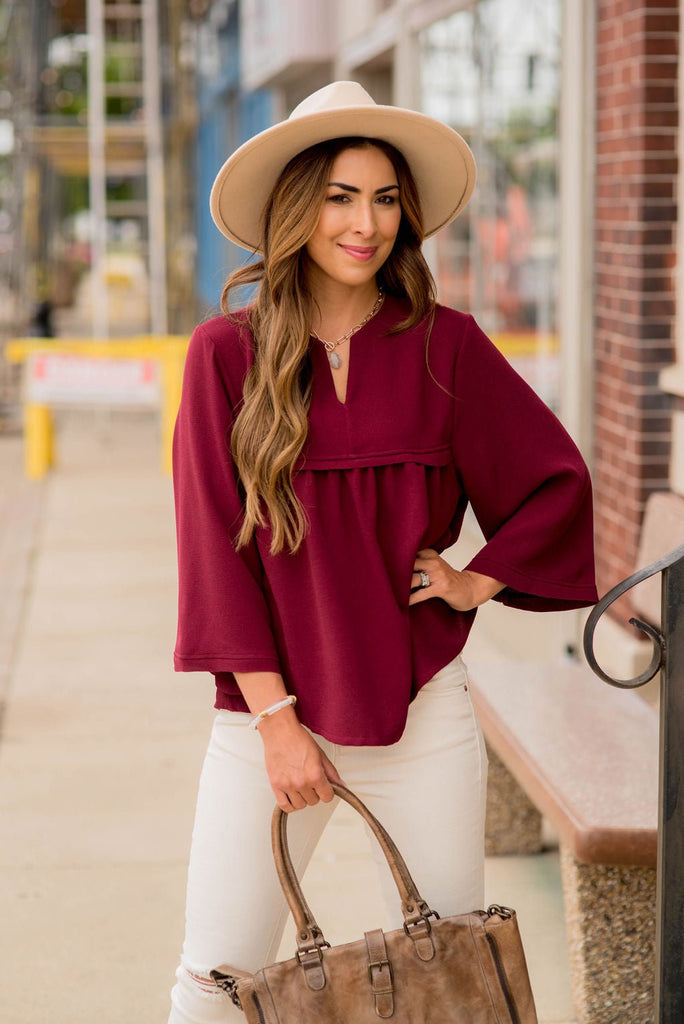 Bell Sleeve Peplum V Blouse - Betsey's Boutique Shop