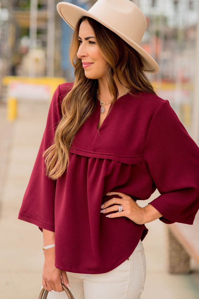 Bell Sleeve Peplum V Blouse - Betsey's Boutique Shop