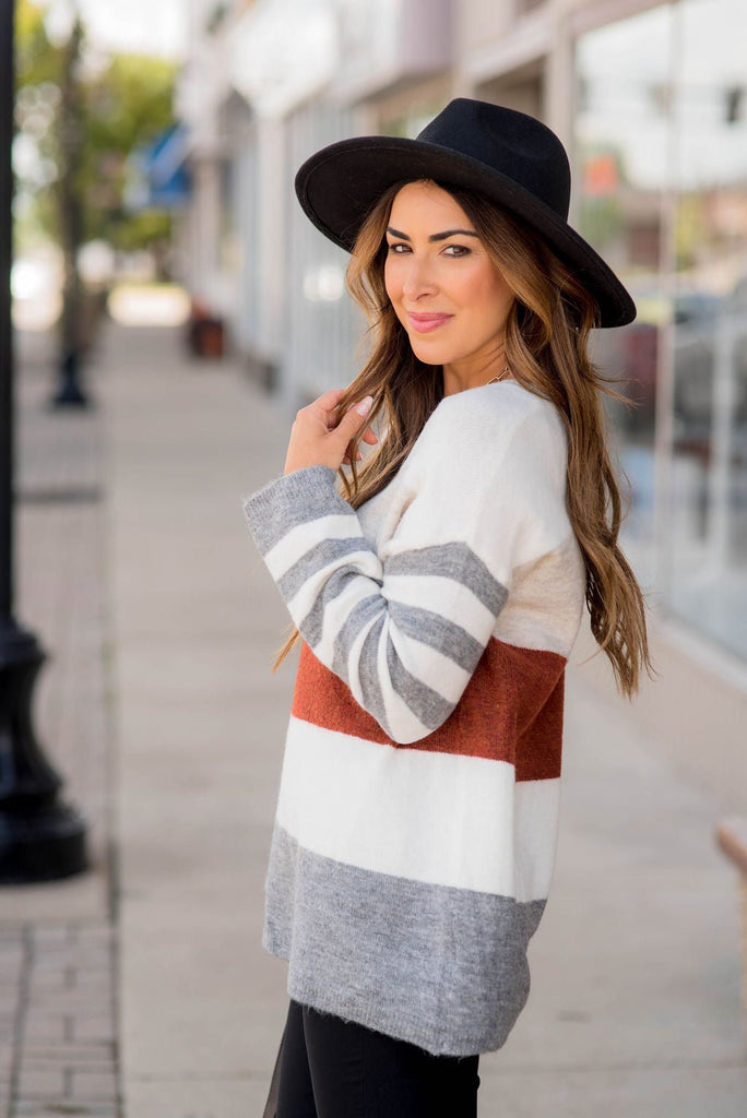 Color Block Striped Sleeve Sweater - Betsey's Boutique Shop - Outerwear