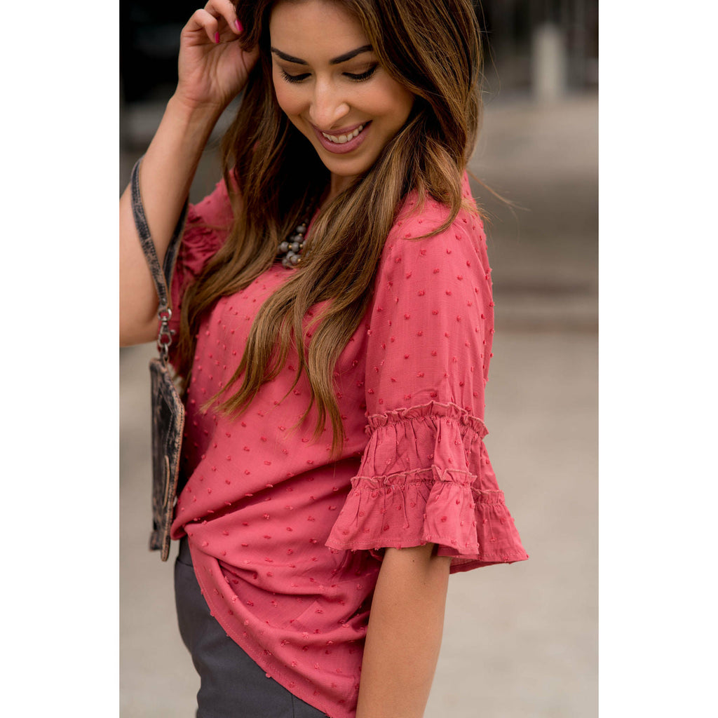 Textured Ruffled 3/4 Sleeve Blouse - Betsey's Boutique Shop - Shirts & Tops