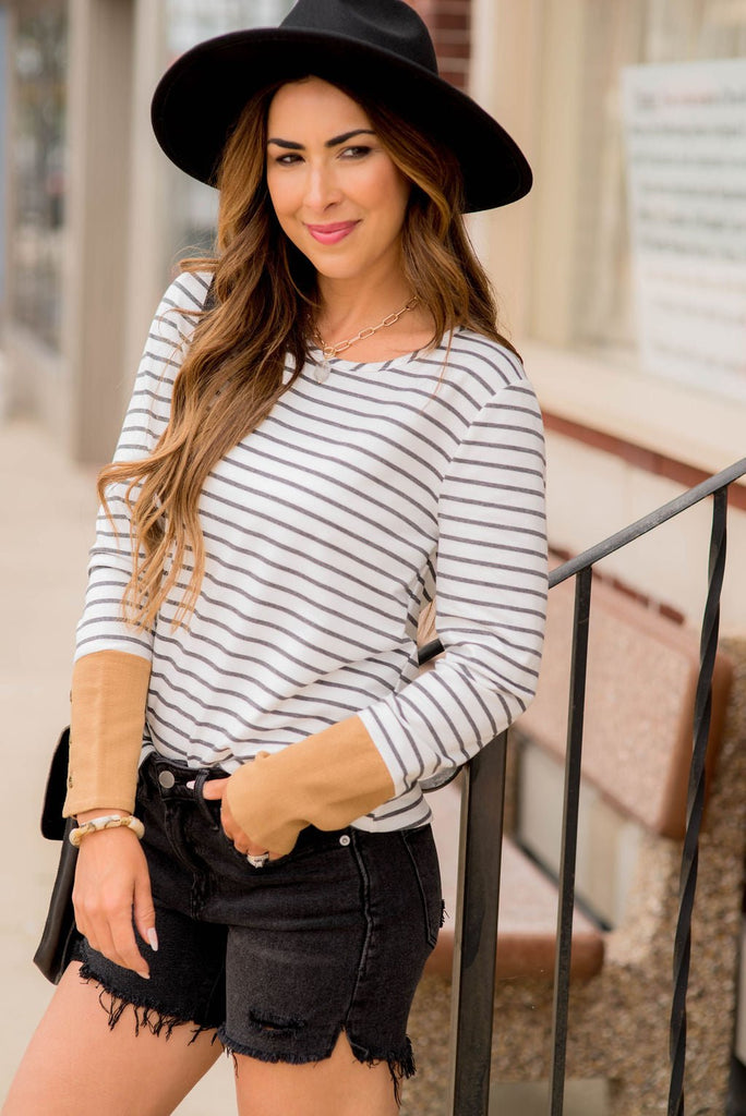 Striped Button Accent Long Sleeve - Betsey's Boutique Shop - Shirts & Tops