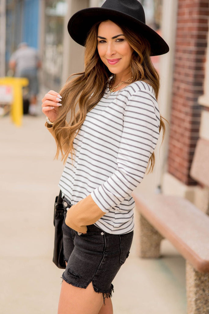 Striped Button Accent Long Sleeve - Betsey's Boutique Shop - Shirts & Tops