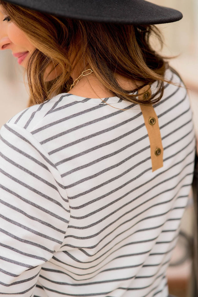 Striped Button Accent Long Sleeve - Betsey's Boutique Shop - Shirts & Tops