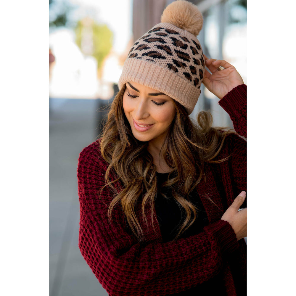 Single Leopard Print Pom Beanie Burgundy by Betsey's Boutique