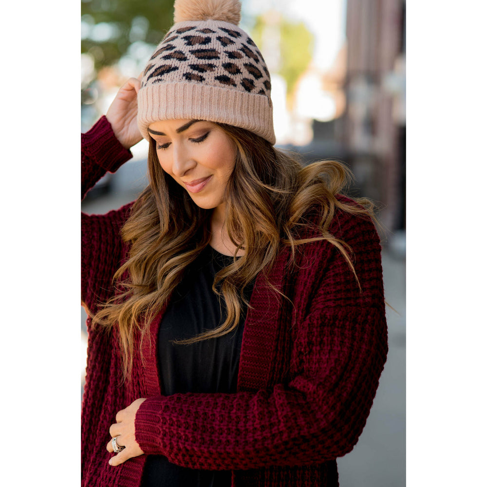 Single Leopard Print Pom Beanie Burgundy by Betsey's Boutique