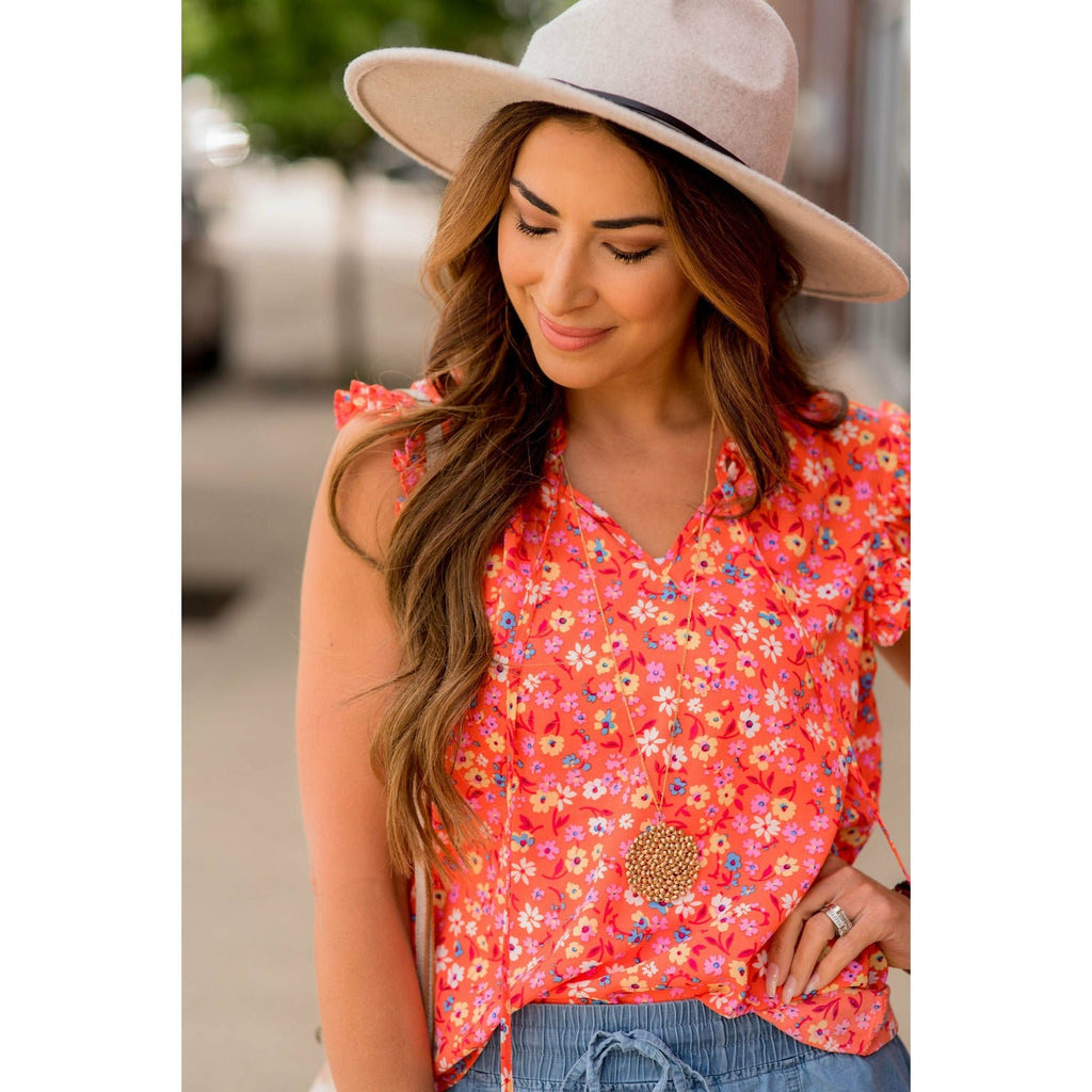 Flower Power Ruffle Trim Tie Tank - Betsey's Boutique Shop