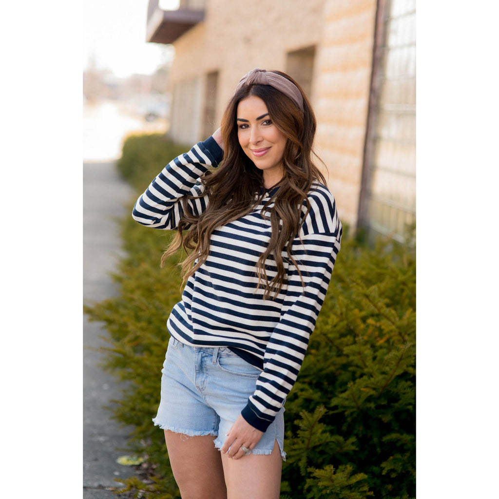 Stripe Solid Trimmed Sweatshirt - Betsey's Boutique Shop - Shirts & Tops