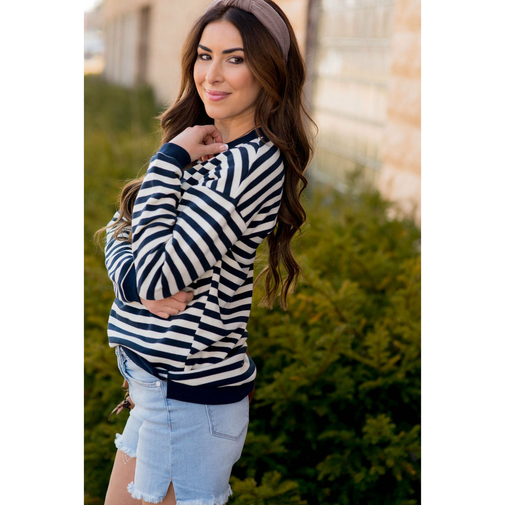 Stripe Solid Trimmed Sweatshirt - Betsey's Boutique Shop - Shirts & Tops