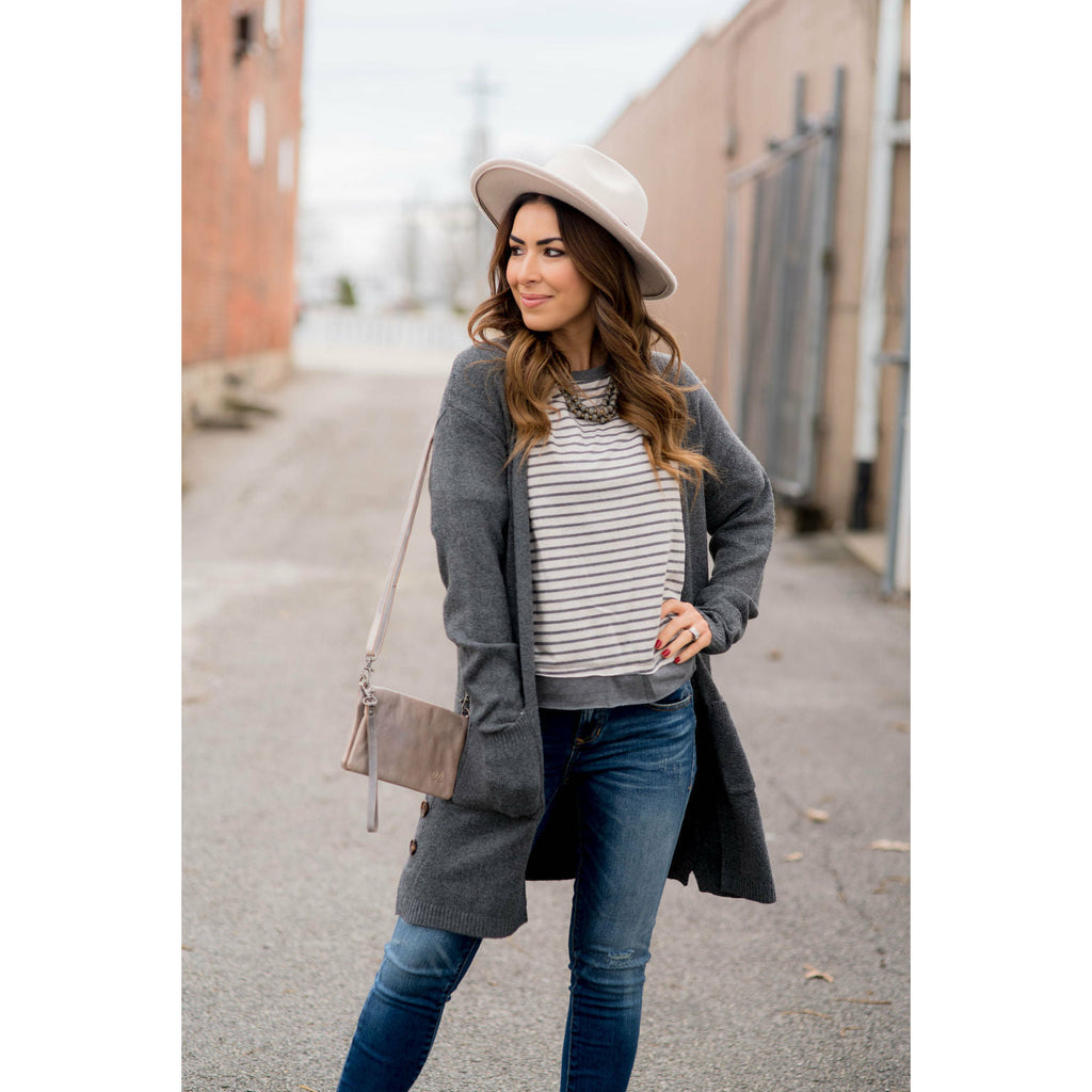 Striped Solid Trim Side Slit Blouse - Betsey's Boutique Shop