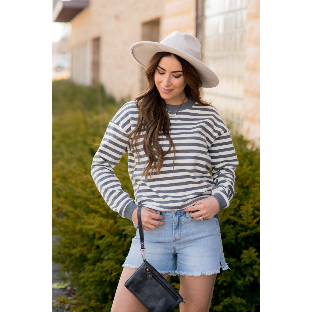 Stripe Solid Trimmed Sweatshirt - Betsey's Boutique Shop - Shirts & Tops