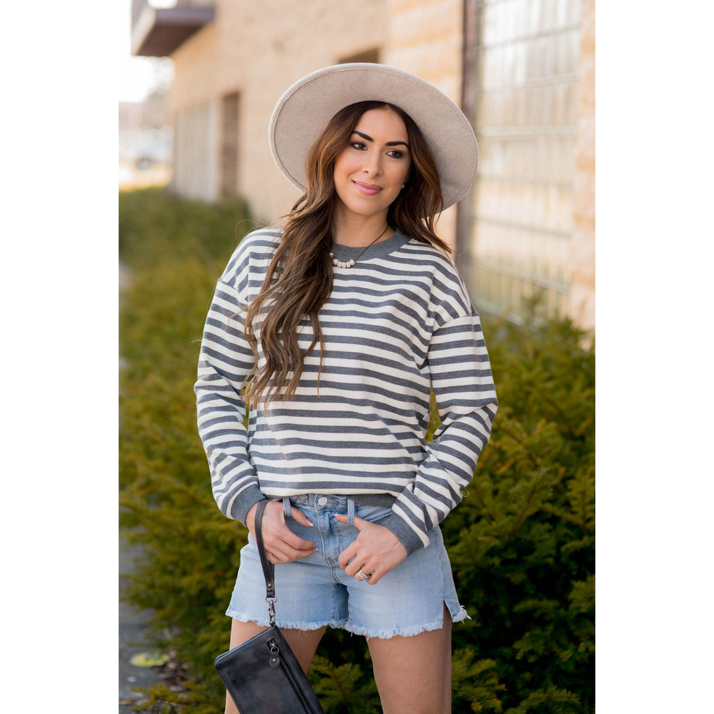 Stripe Solid Trimmed Sweatshirt - Betsey's Boutique Shop - Shirts & Tops