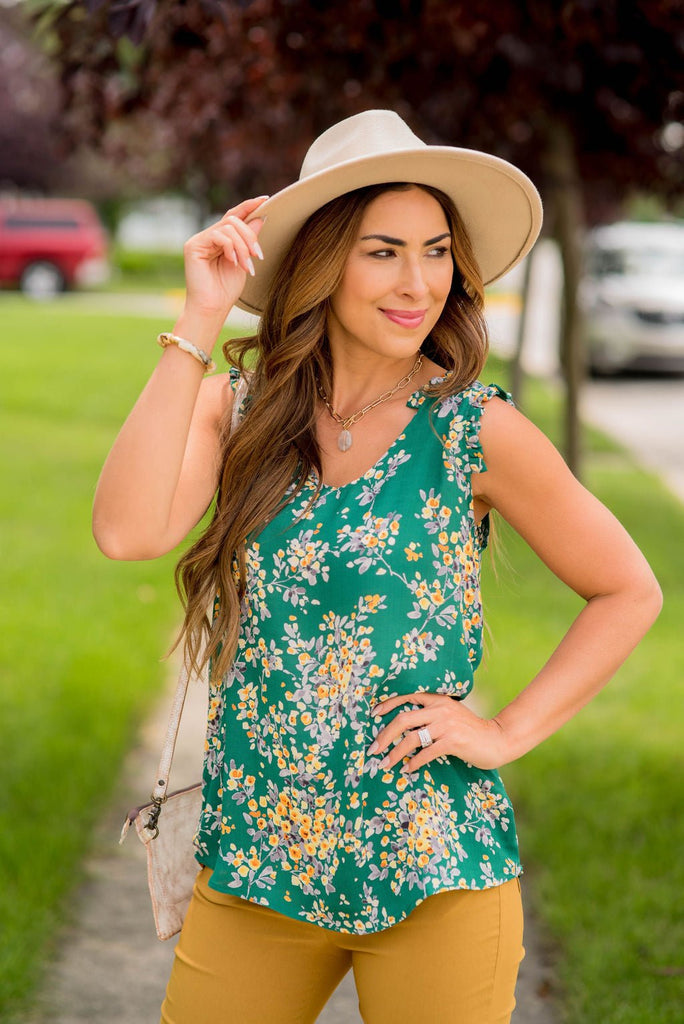 Watercolor Blooms Ruffle Accent Tank - Betsey's Boutique Shop