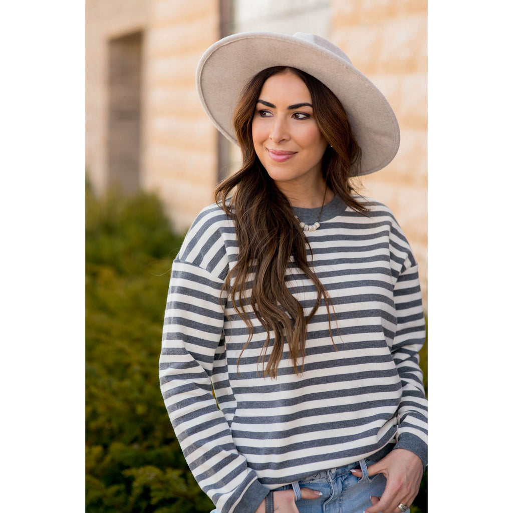 Stripe Solid Trimmed Sweatshirt - Betsey's Boutique Shop - Shirts & Tops