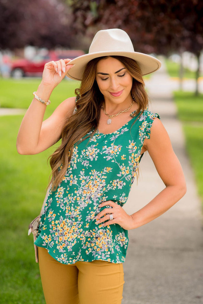 Watercolor Blooms Ruffle Accent Tank - Betsey's Boutique Shop