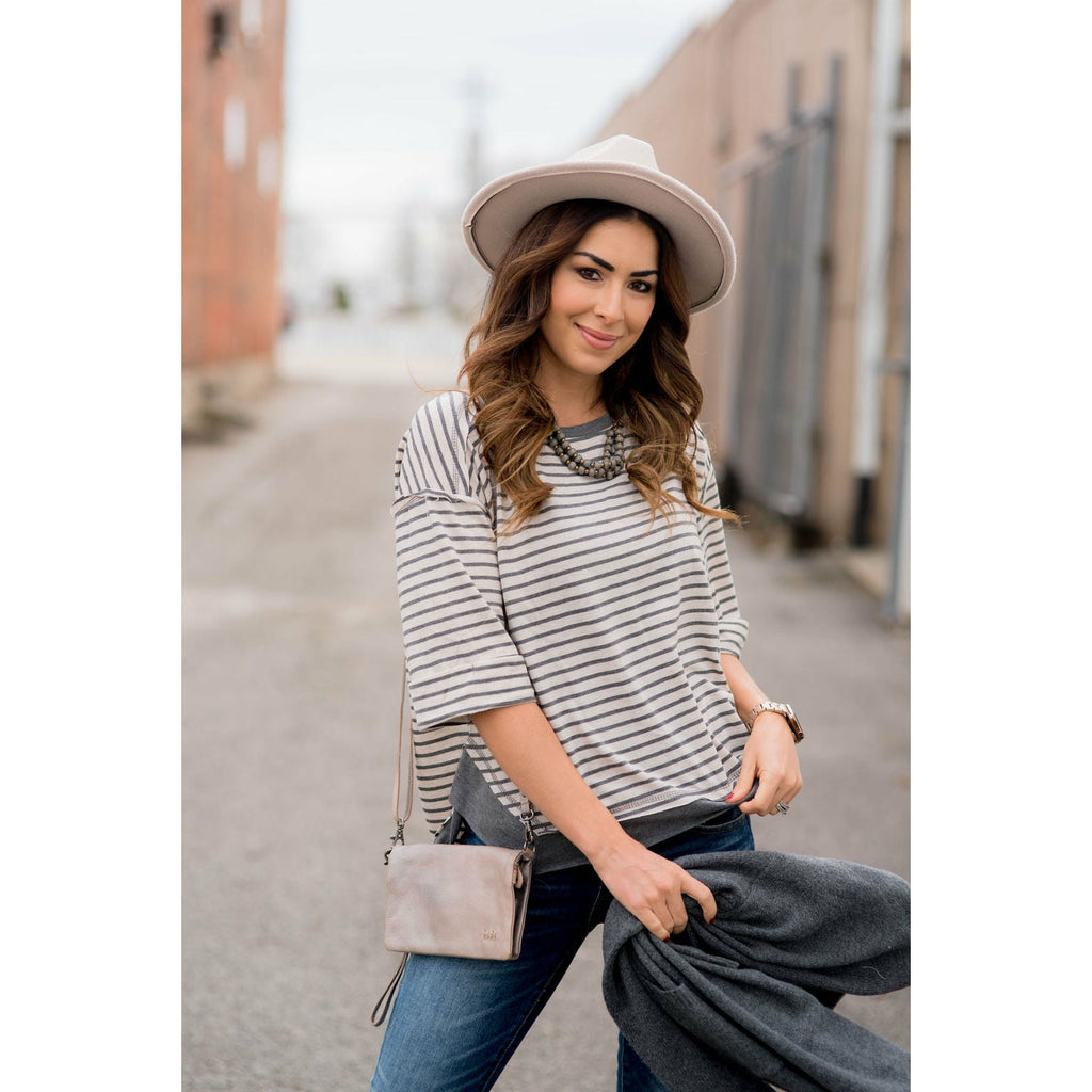 Striped Solid Trim Side Slit Blouse - Betsey's Boutique Shop