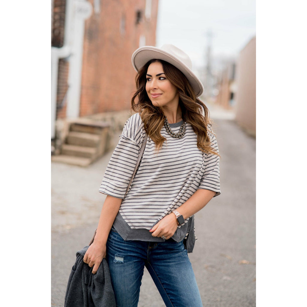 Striped Solid Trim Side Slit Blouse - Betsey's Boutique Shop