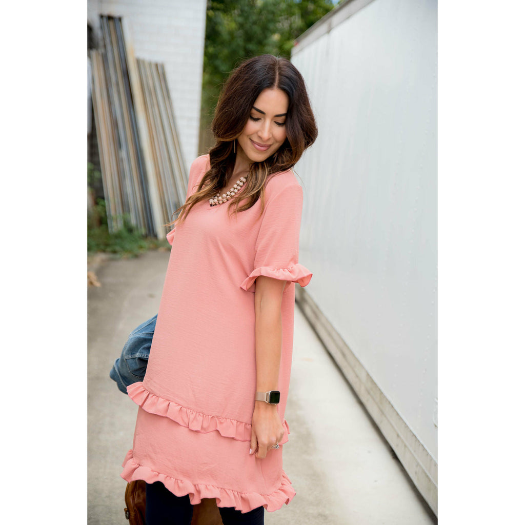 Ruffle Trim V-Neck Tunic Dress - Betsey's Boutique Shop