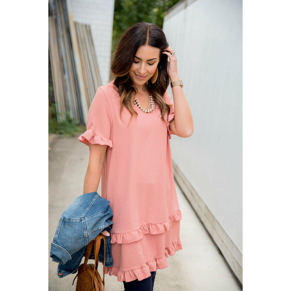 Ruffle Trim V-Neck Tunic Dress - Betsey's Boutique Shop