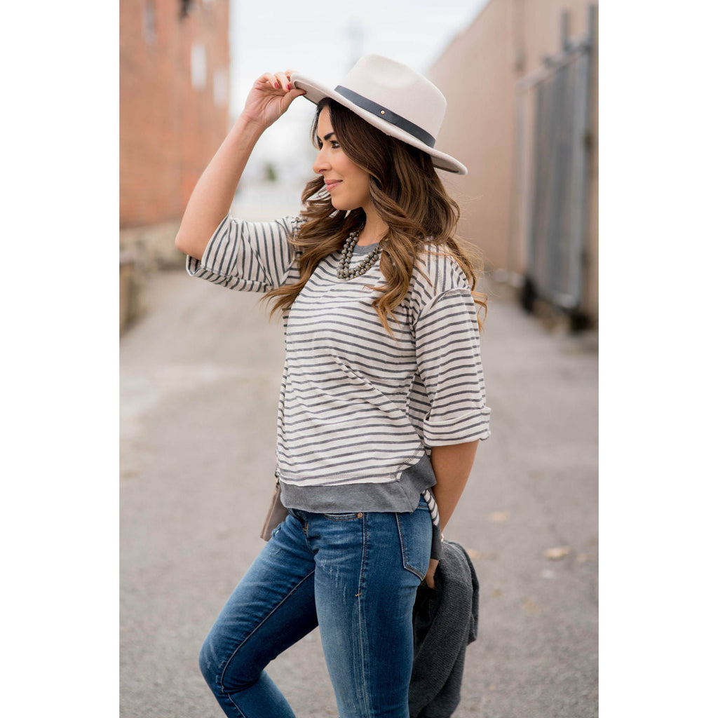 Striped Solid Trim Side Slit Blouse - Betsey's Boutique Shop