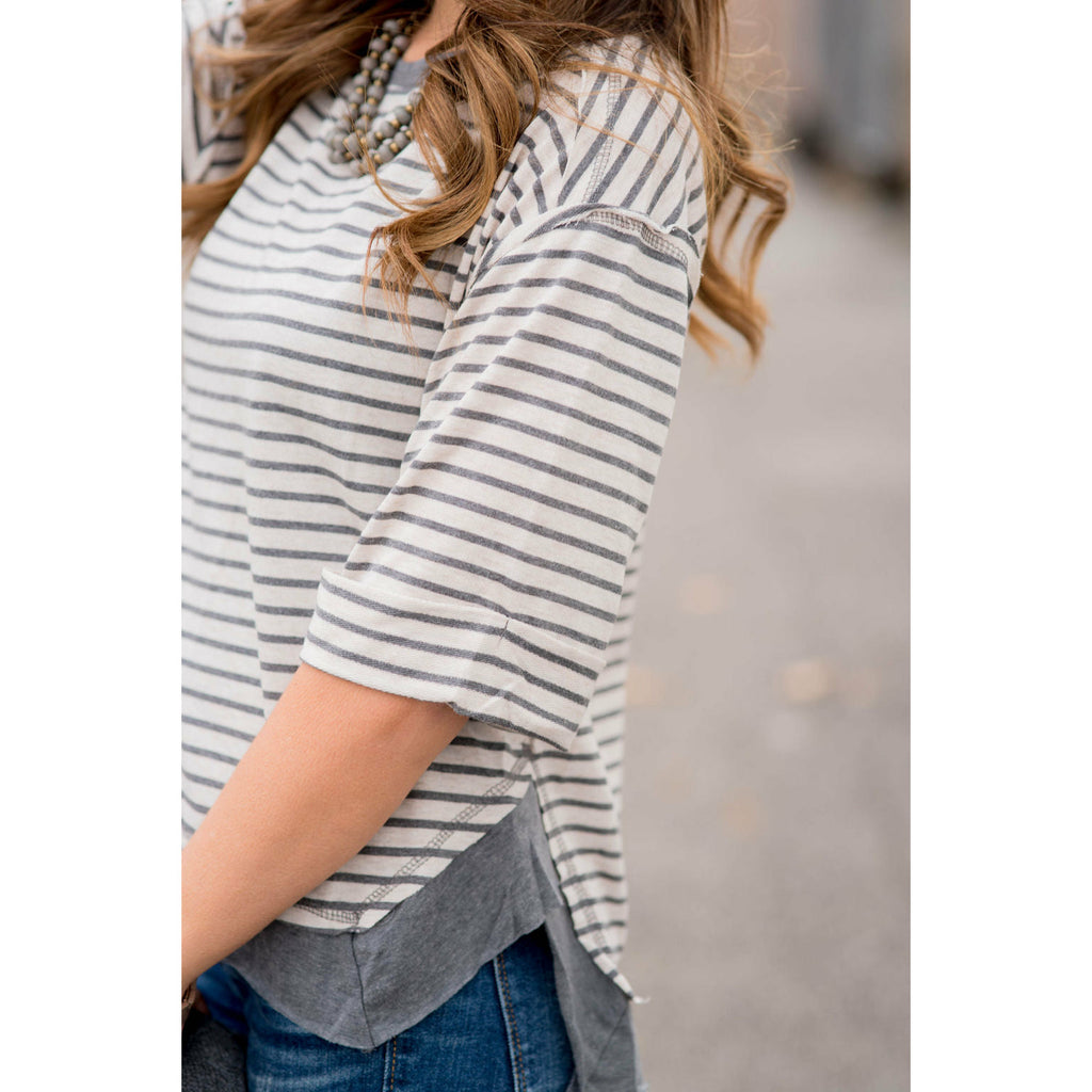 Striped Solid Trim Side Slit Blouse - Betsey's Boutique Shop