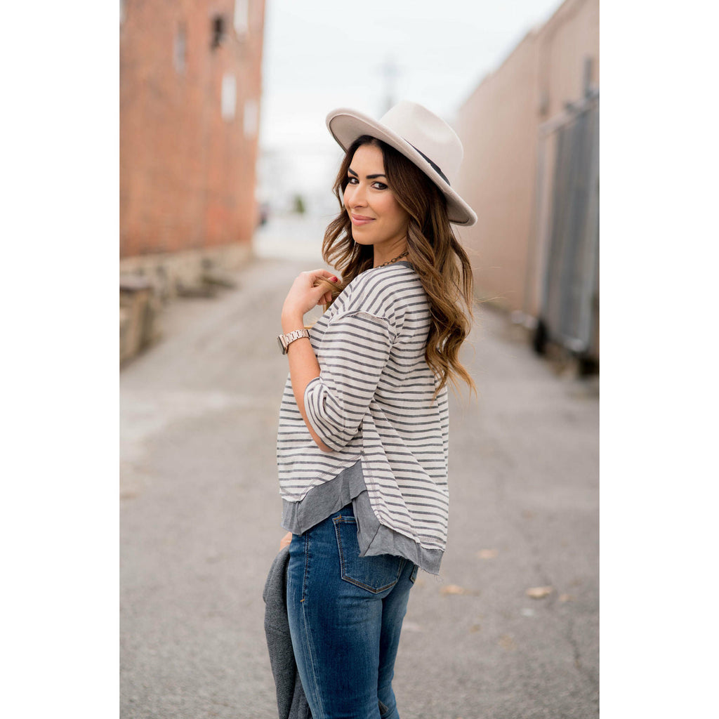 Striped Solid Trim Side Slit Blouse - Betsey's Boutique Shop