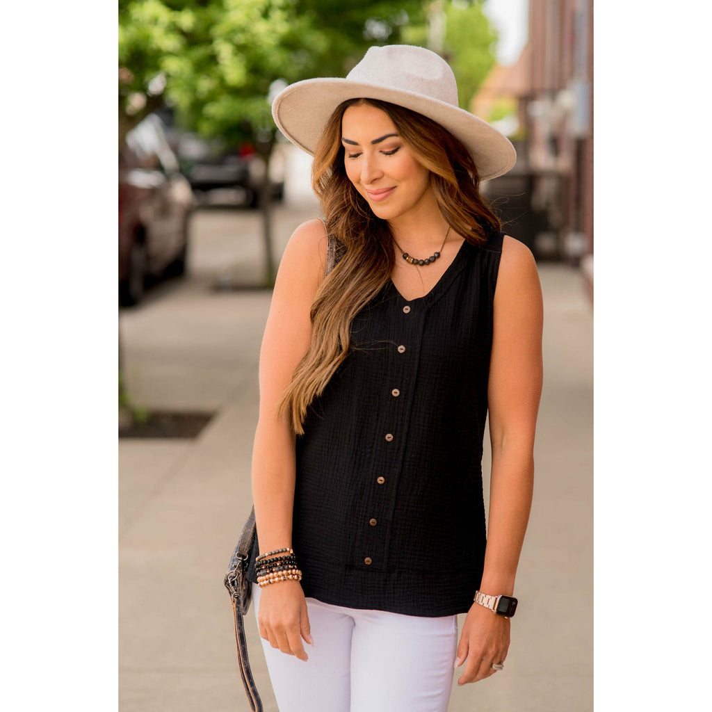 Gauze Button Accent Tank - Betsey's Boutique Shop