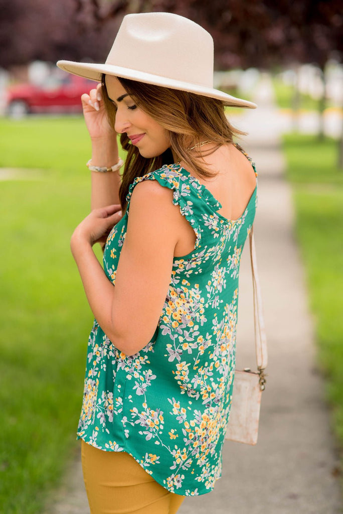 Watercolor Blooms Ruffle Accent Tank - Betsey's Boutique Shop