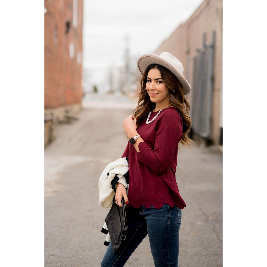 Scalloped Back Detail 3/4 Sleeve Blouse - Betsey's Boutique Shop - Shirts & Tops