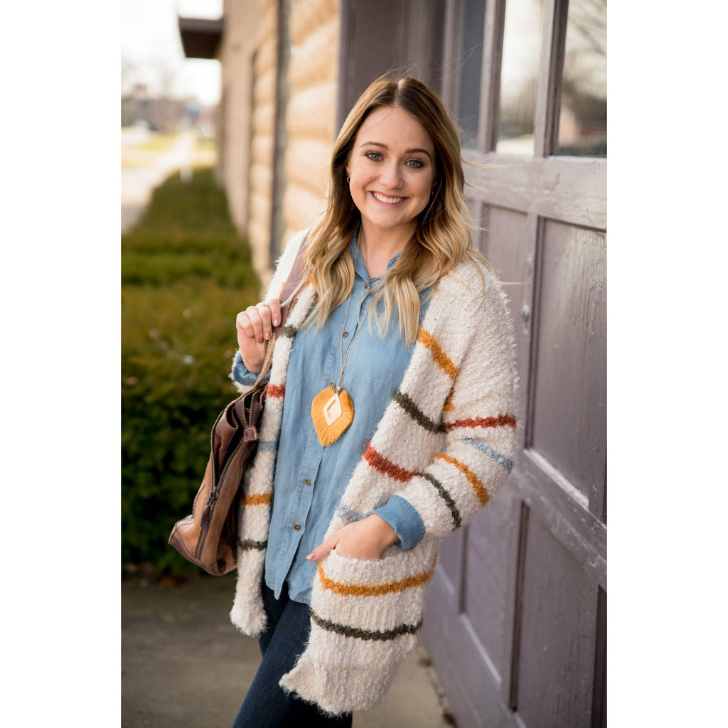 Multi Colored Striped Fuzzy Cardigan - Betsey's Boutique Shop