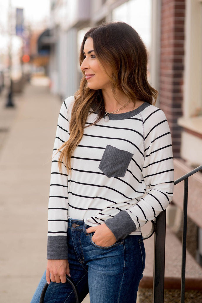 Striped Solid Trim Pocket Tee - Betsey's Boutique Shop -